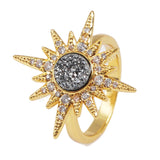 Gold Bezel CZ Micro Pave Natural Titanium Druzy Star Ring ZG0249