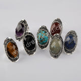 Rhinestone Pave Black Agate Moonstone Faceted Silver Band Ring Boho Jewelry For Women JAB981-2