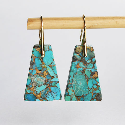 Trapezoid Gold Plated Natural Copper Turquoise Dangle Earrings G2078-8