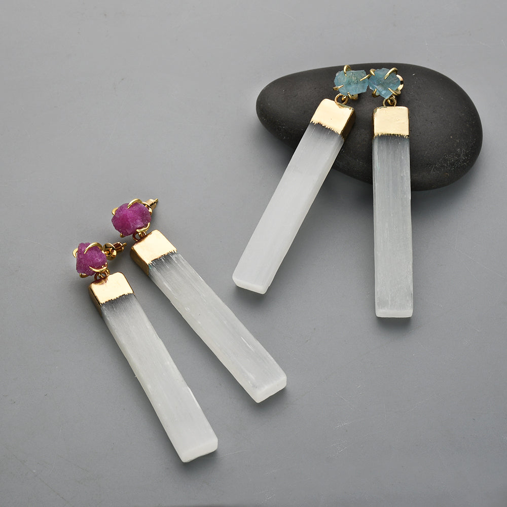 Gold Plated Claw Raw Gemstone Chips & Selenite Bar Stud Earrings, Healing Crystal Stone Jewelry, Boho Earrings ZG0491 Aquamarine Ruby Earrings
