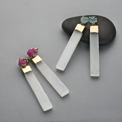 Gold Plated Claw Raw Gemstone Chips & Selenite Bar Stud Earrings, Healing Crystal Stone Jewelry, Boho Earrings ZG0491