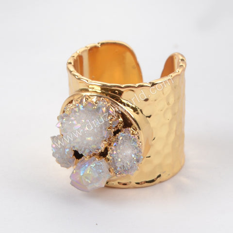 Rough Titanium Druzy Crystal Chips Gold Band Ring G1435