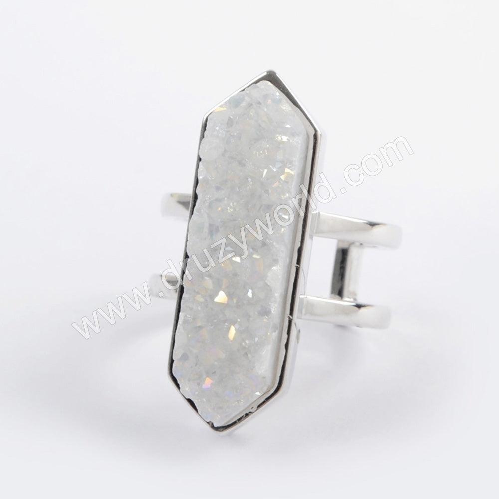 Hexagon Natural Agate Titanium AB White Druzy Ring, Open Ring Gold Plated ZG0404