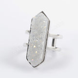 Hexagon Natural Agate Titanium AB White Druzy Ring, Open Ring Gold Plated ZG0404