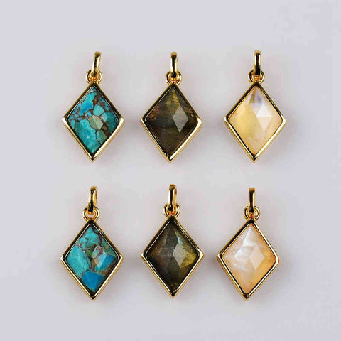 Diamond Shape Gold Bezel Briolette Gemstone Pendant Natural Labradorite Moonstone Copper Turquoise Healing Crystal Pendants Necklace ZG0474