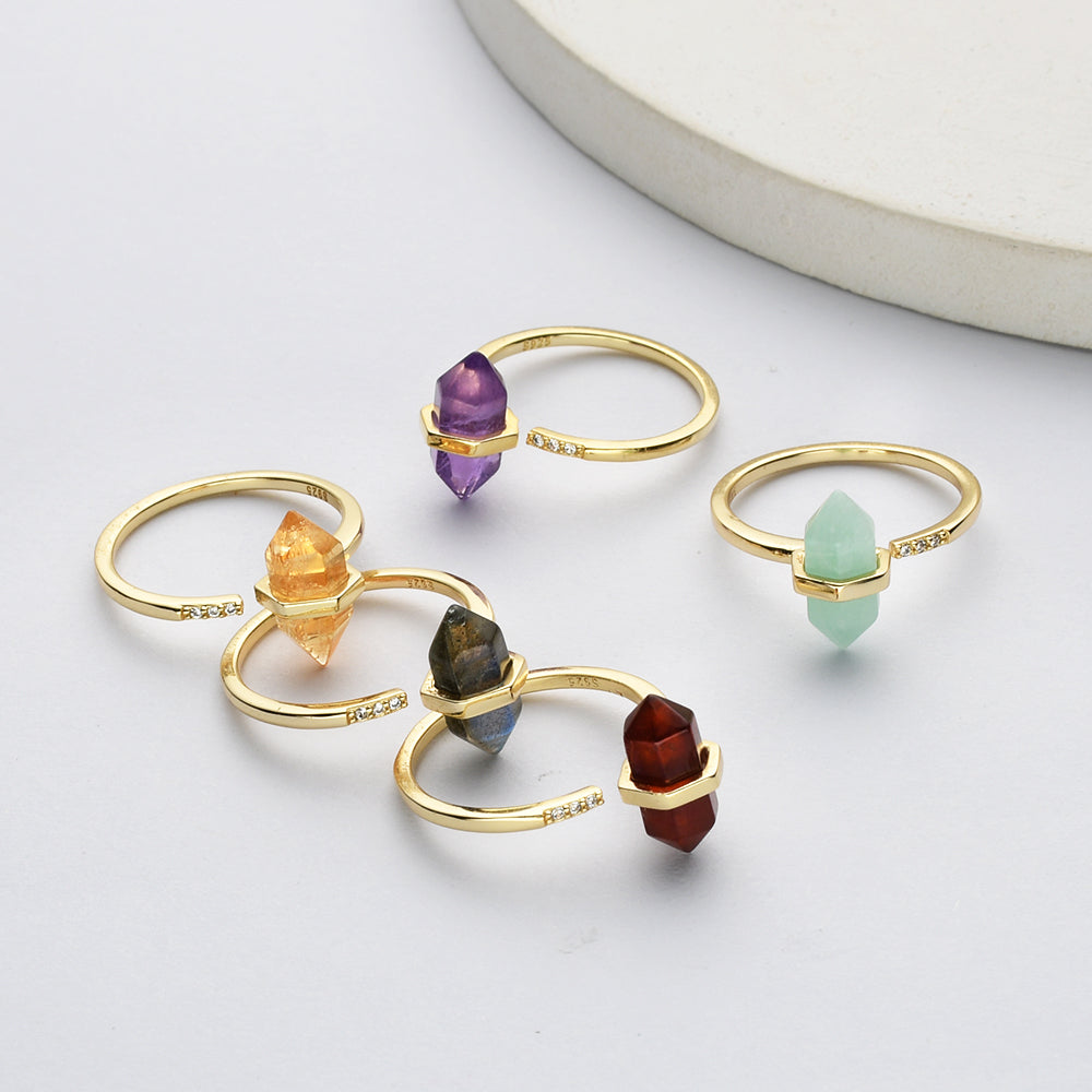 Hexagon CZ Gemstone Ring, Gold Plated Brass, Adjustable, Faceted Point, Healing Crystal Stone Jewelry, Birthstone Ring  ZG0490