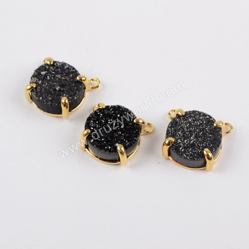 10mm Round Gold Plated Claw Natural Agate Titanium Rainbow Druzy Connector Double Bails ZG0165