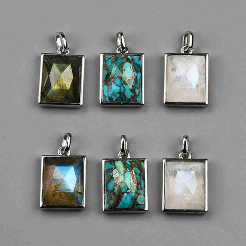 Rectangle Silver Bezel Briolette Gemstone Pendant Natural Labradorite Moonstone Copper Turquoise Healing Crystal Pendants Necklace ZS0472