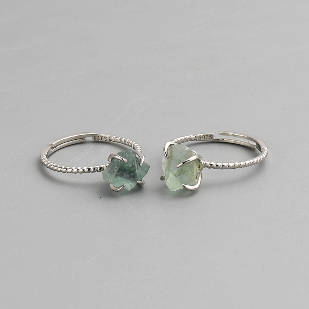 S925 Sterling Silver Claw Rainbow Raw Gemstone Ring, Healing Crystal Stone Ring, Adjustable SS204 green fluorite ring