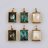 Rectangle Gold Bezel Briolette Gemstone Pendant Natural Labradorite Moonstone Copper Turquoise Healing Crystal Pendants Necklace ZG0472