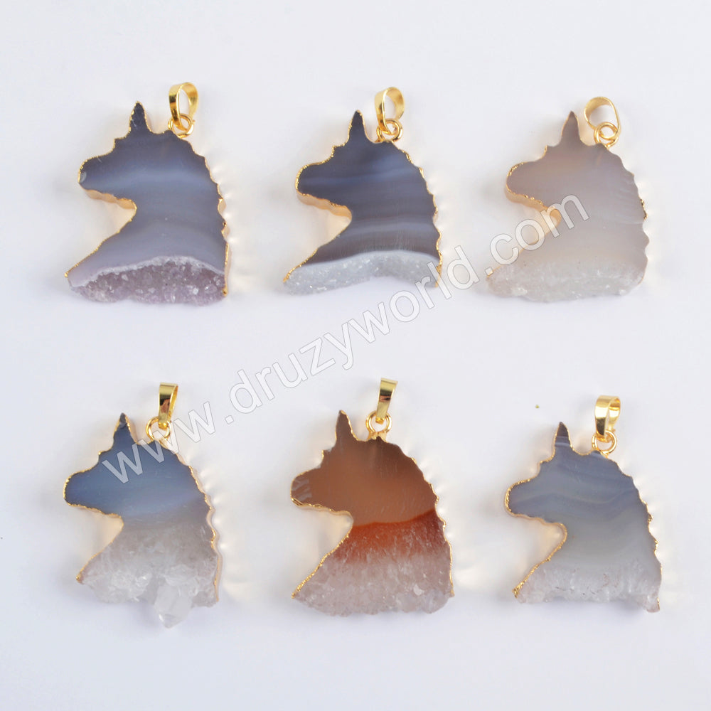 Gold Plated Unicorn Natural Agate Druzy Pendant G1975