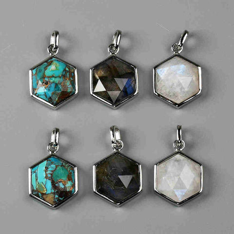 Hexagon Silver Bezel Briolette Gemstone Pendant Natural Labradorite Moonstone Copper Turquoise Healing Crystal Pendants Necklace ZS0473