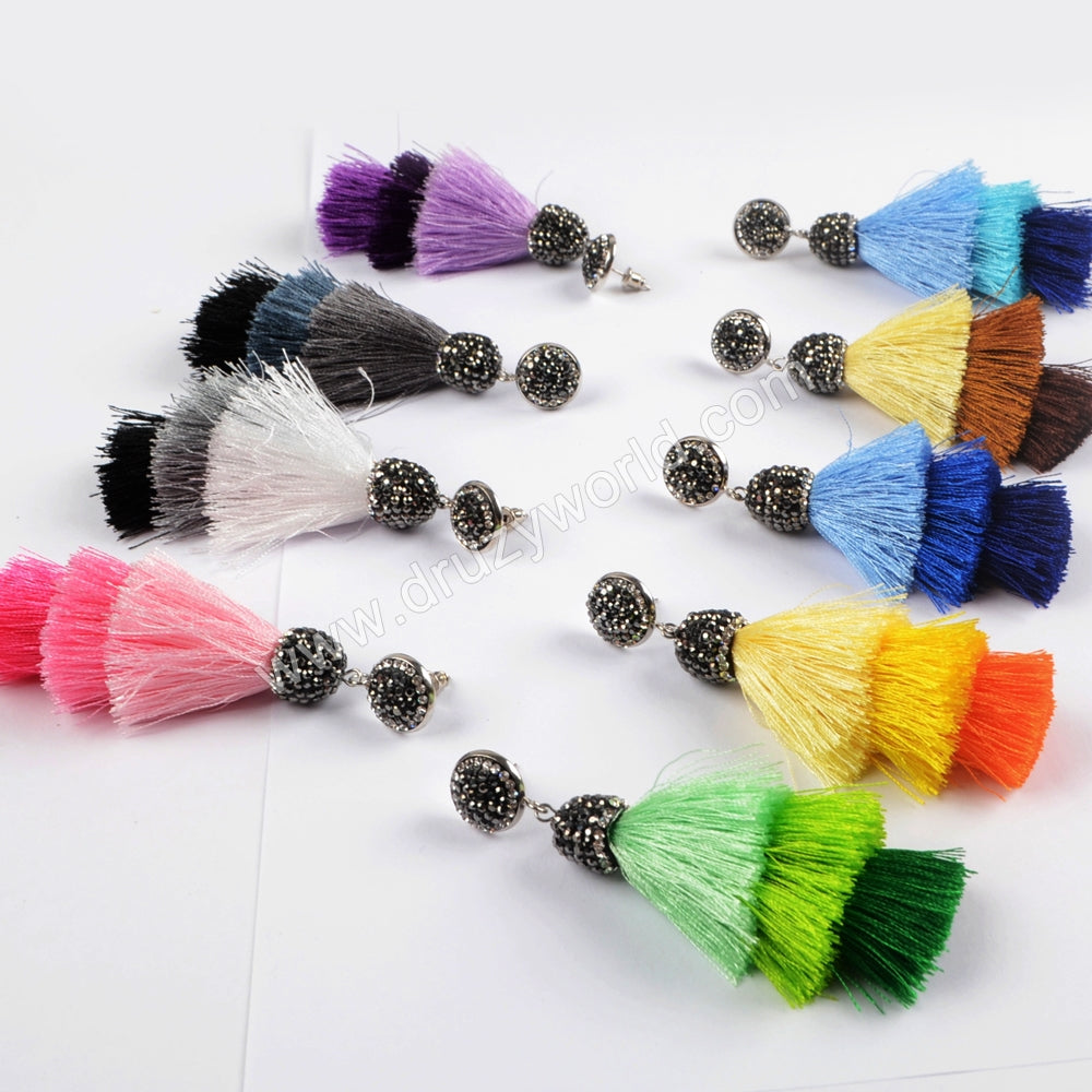 Rhinestone Three Layer Rainbow Silk Tassel Dangle Stud Earrings JAB794