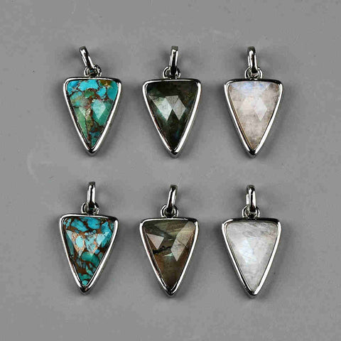 Triangle Silver Bezel Briolette Gemstone Pendant Natural Labradorite Moonstone Copper Turquoise Triangle Pendants ZS0476