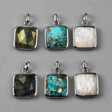 Small Square Silver Bezel Briolette Gemstone Pendant Natural Labradorite Moonstone Copper Turquoise Healing Crystal Pendants Necklace ZS0470