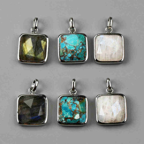 Small Square Silver Bezel Briolette Gemstone Pendant Natural Labradorite Moonstone Copper Turquoise Healing Crystal Pendants Necklace ZS0470