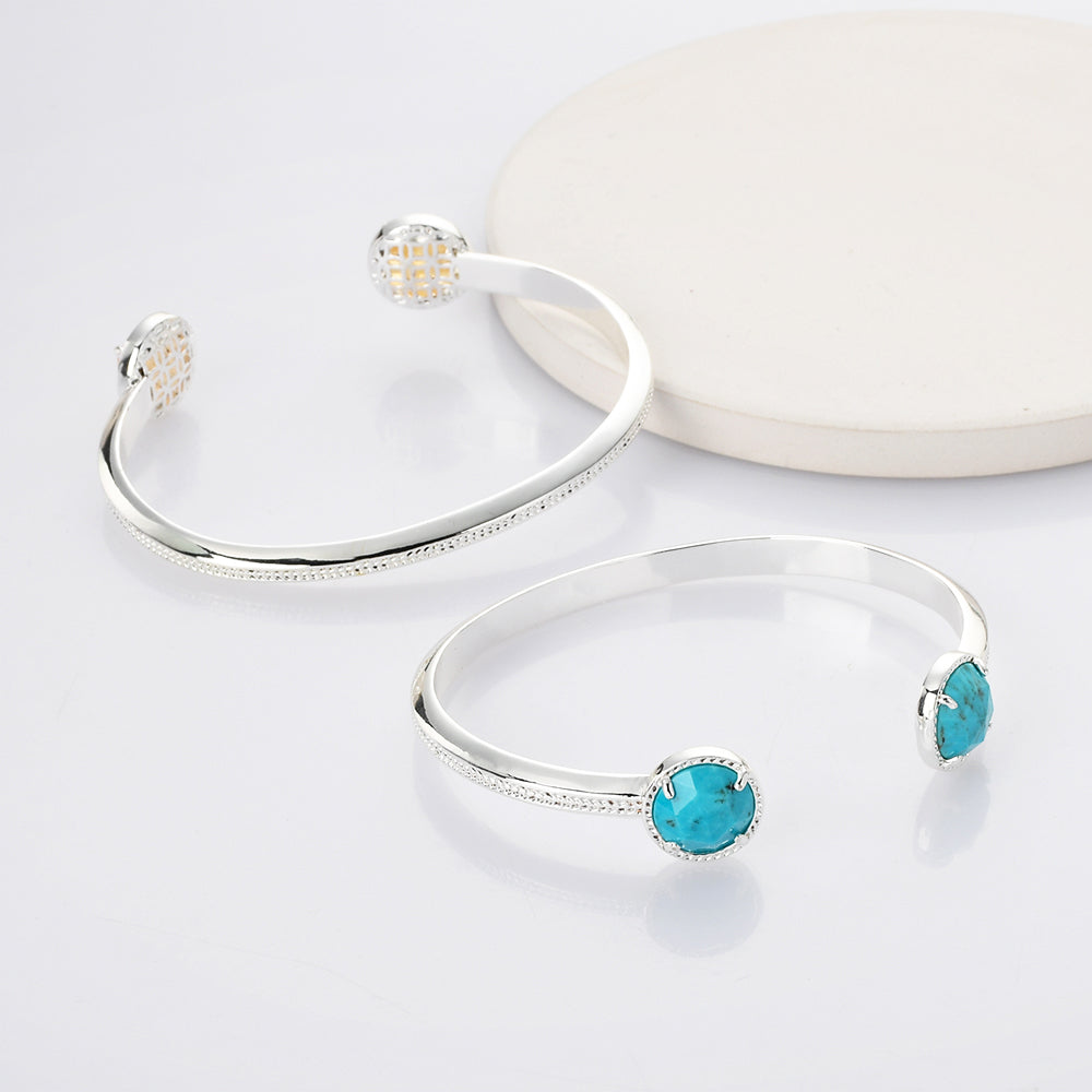 Silver Round Gemstone Bracelet, Faceted Healing Stone Cuff Bracelet Jewelry ZS0495