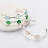 Silver Plated Brass Round Three-Gemstone Faceted Bangle, Healing Crystal Quartz Cuff Bracelet ZS0493