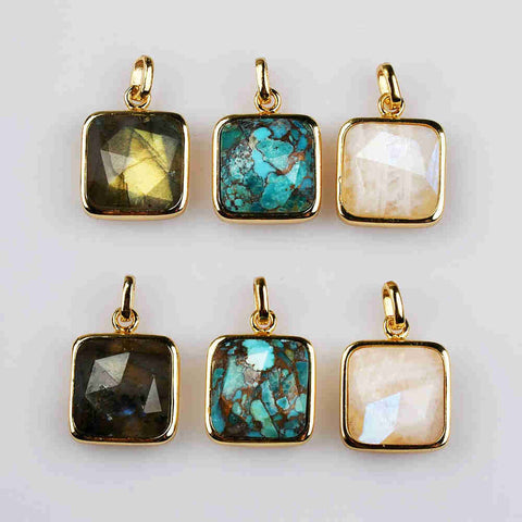 Small Square Gold Bezel Briolette Gemstone Pendant Natural Labradorite Moonstone Copper Turquoise Healing Crystal Pendants Necklace ZG0470