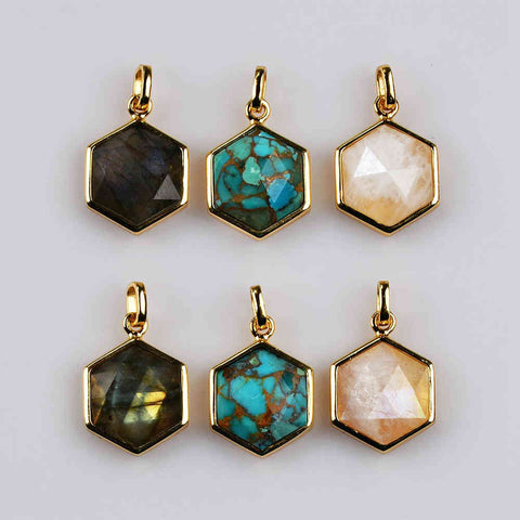 Hexagon Gold Bezel Briolette Gemstone Pendant Natural Labradorite Moonstone Copper Turquoise Healing Crystal Pendants Necklace ZG0473