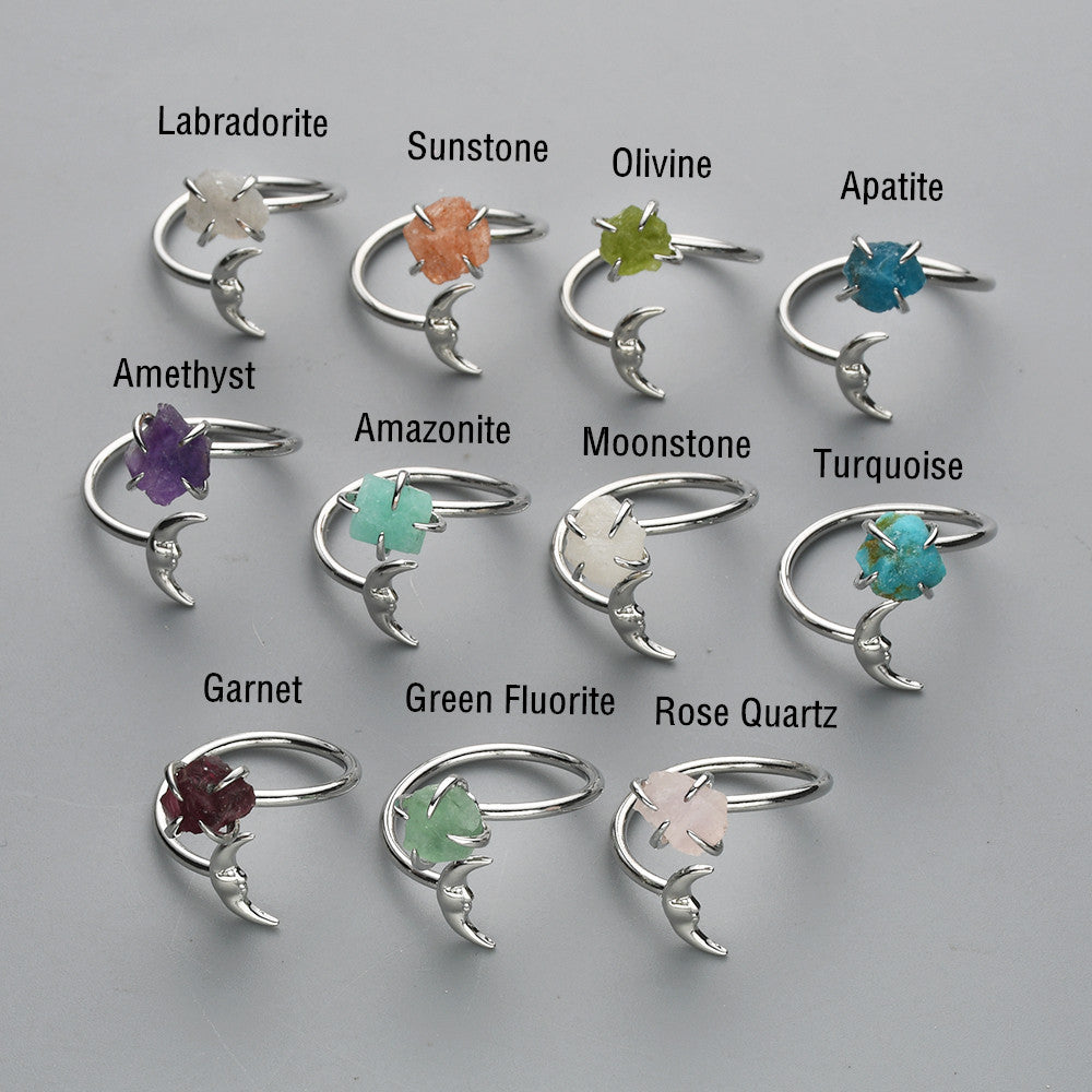Silver Claw Moon Face Raw Crystal Ring, Adjustable, Rainbow Gemstone Ring, Birthstone Ring, Healing Jewelry ZS0487