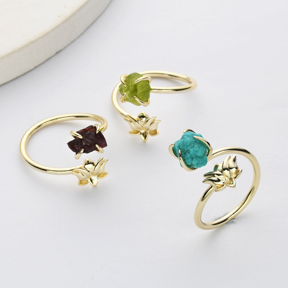 Gold Plated Lotus Raw Crystal Ring, Adjustable, Rainbow Gemtsone Ring, Birthstone Ring, Healing Jewelry ZG0488