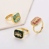 Octagon Gemstone CZ Eye Adjustable Gold Plated Rings, Turquoise Larimar Rhodochrosite Jewelry Ring ZG0462
