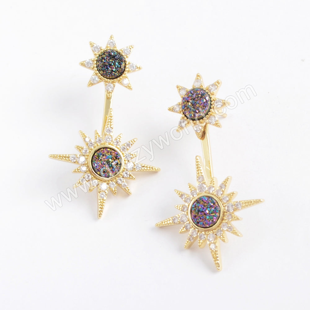 Double Star Gold Plated CZ Micro Pave Natural Titanium Druzy Studs Earring ZG0387