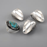 Rhinestone Pave Black Agate Moonstone Faceted Silver Band Ring Boho Jewelry For Women JAB981-2