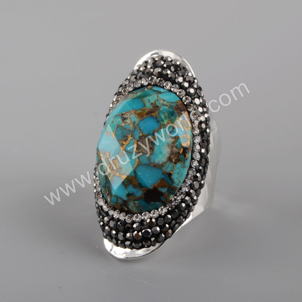 Rhinestone Pave Black Agate Moonstone Faceted Gold Band Ring Boho Jewelry For Women JAB981-2