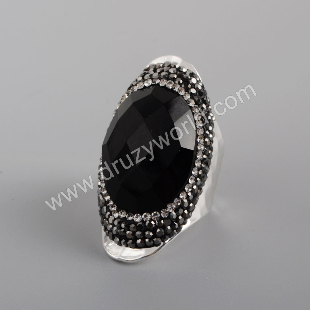 Rhinestone Pave Black Agate Moonstone Faceted Gold Band Ring Boho Jewelry For Women JAB981-2