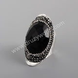 Rhinestone Pave Black Agate Moonstone Faceted Silver Band Ring Boho Jewelry For Women JAB981-2