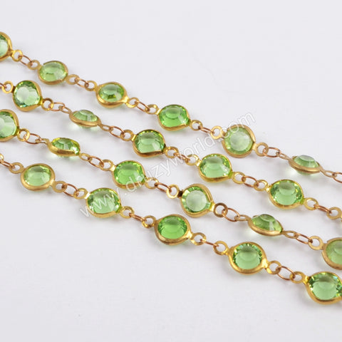 5m/llot,Gold Plated 7mm Green Crystal Faceted Coin Rosary Chains JT195