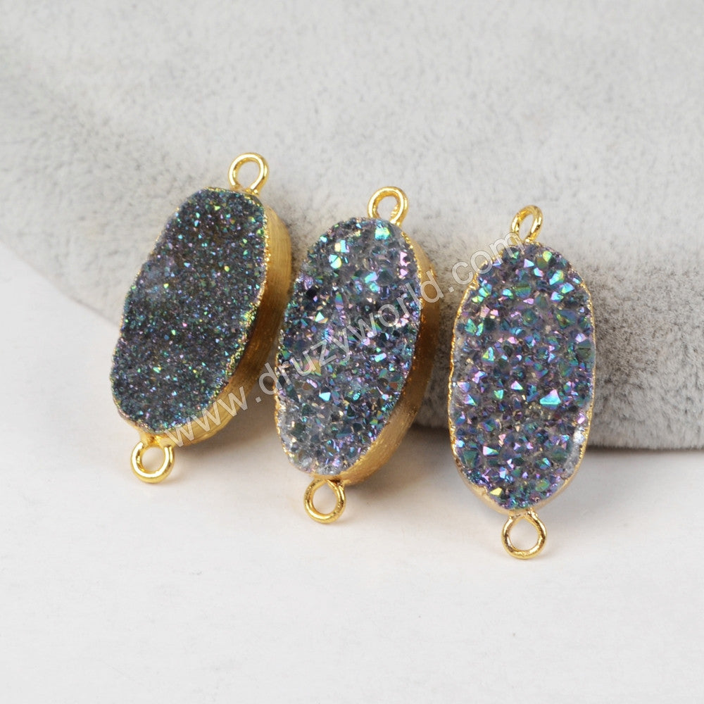 Oval Shape Titanium Rainbow Druzy Connector Double Bails Gold Plated, For Jewelry Making G1285