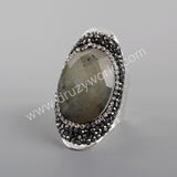 Rhinestone Pave Black Agate Moonstone Faceted Silver Band Ring Boho Jewelry For Women JAB981-2