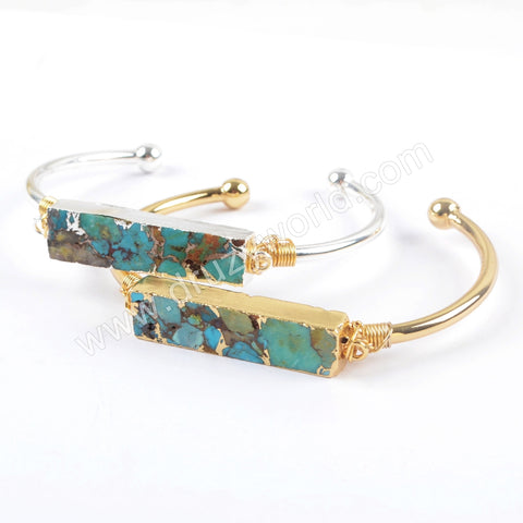 Gold Plated Wire Wrapped Rectangle Natural Copper Turquoise Bangle G1663