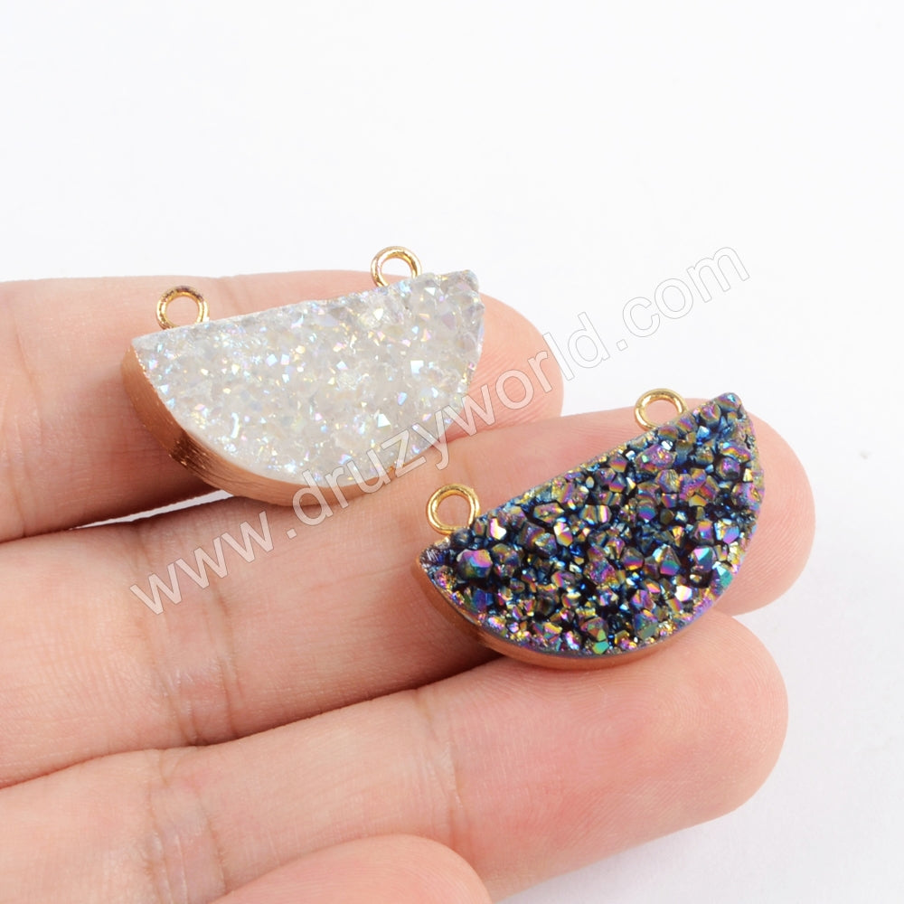 Crestcent Gold Plated Natural Agate Titanium Rainbow Druzy Connector G1722