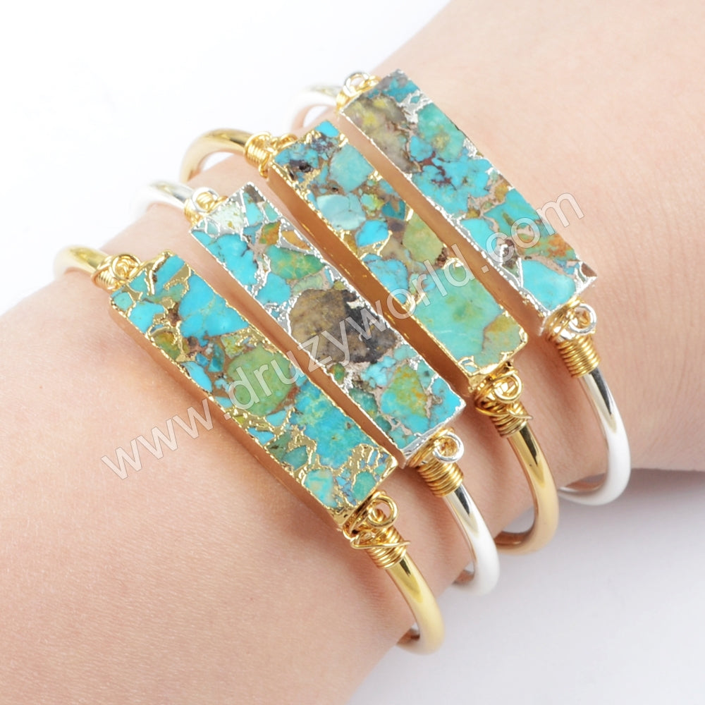 Gold Plated Wire Wrapped Rectangle Natural Copper Turquoise Bangle G1663