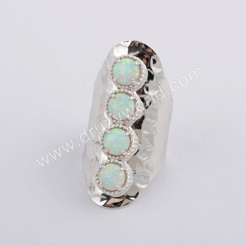 Round Silver Plated Bezel White Opal Long Band Open Ring ZS0396