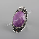 Rhinestone Pave Black Agate Moonstone Faceted Silver Band Ring Boho Jewelry For Women JAB981-2