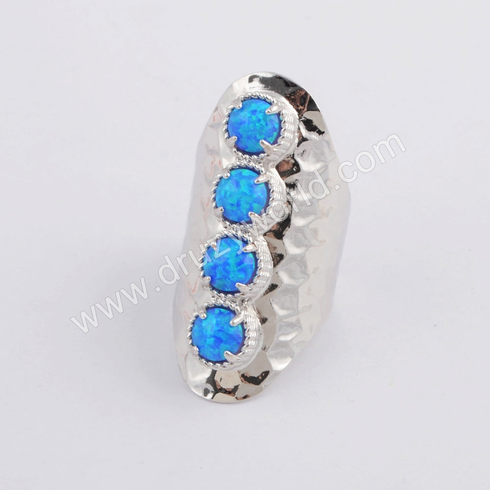 Round Silver Plated Bezel White Opal Long Band Open Ring ZS0396