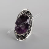 Rhinestone Pave Black Agate Moonstone Faceted Silver Band Ring Boho Jewelry For Women JAB981-2