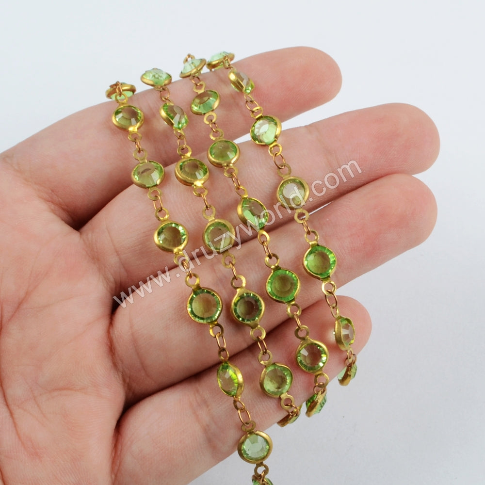 5m/llot,Gold Plated 7mm Green Crystal Faceted Coin Rosary Chains JT195
