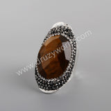 Rhinestone Pave Black Agate Moonstone Faceted Silver Band Ring Boho Jewelry For Women JAB981-2