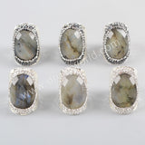 Rhinestone Pave Natural Labradorite Faceted Silver Band Ring JAB945