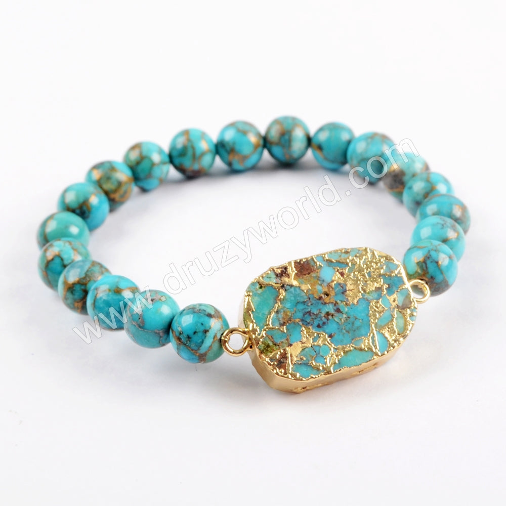 Boho Chic Copper Turquoise With 8mm Beads Bracelet Silver Plated S1652