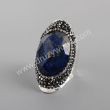 Rhinestone Pave Black Agate Moonstone Faceted Silver Band Ring Boho Jewelry For Women JAB981-2