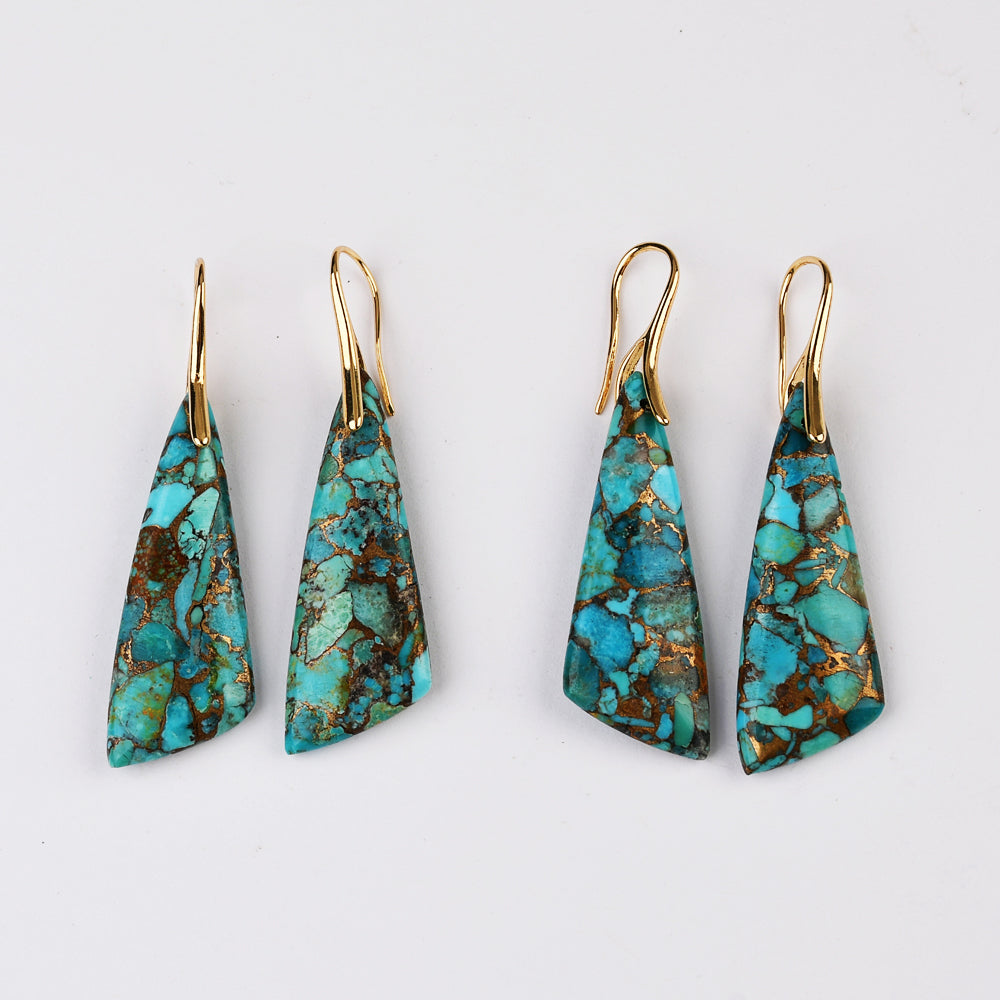 Gold Plated Natural Copper Turquoise Long Triangle Drop Dangle Earrings G2078-1