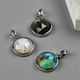 Small Round Silver Bezel Briolette Gemstone Pendant Natural Labradorite Moonstone Copper Turquoise Healing Crystal Pendants Necklace ZS0471