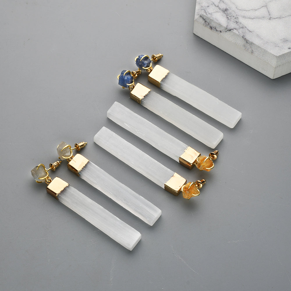 Gold Plated Claw Raw Gemstone Chips & Selenite Bar Stud Earrings, Healing Crystal Stone Jewelry, Boho Earrings ZG0491 sapphire Citrine Labradorite Earrings